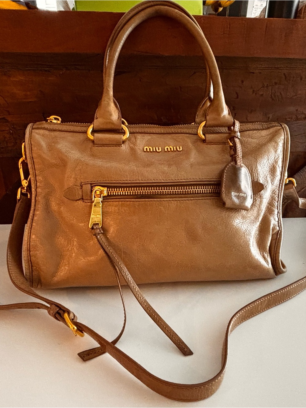 Miu Miu Beige Leather Satchel with Gold Hardware